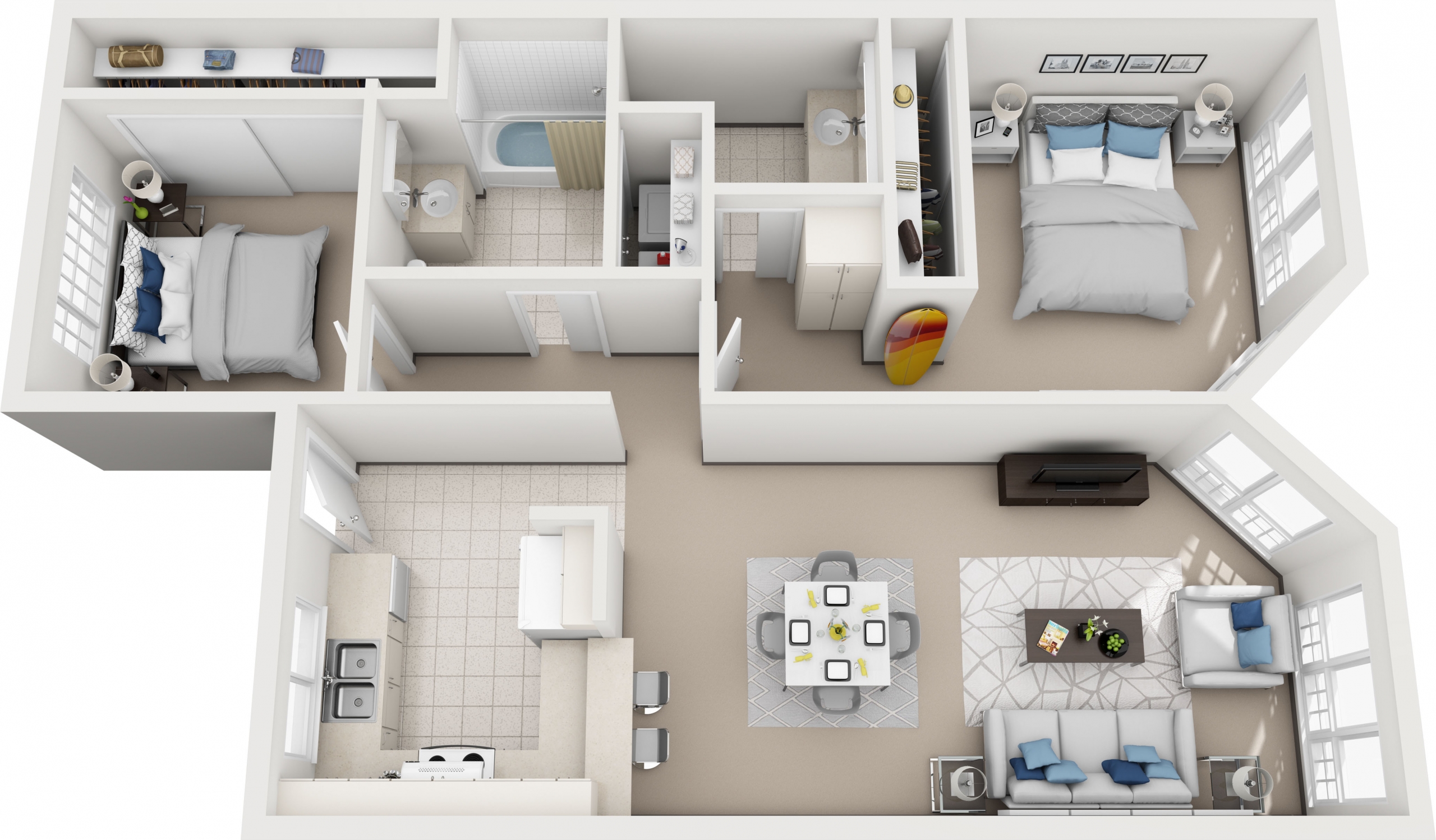 Model F - 2 bedroom apartment floor plan at Villas at Royal Kunia