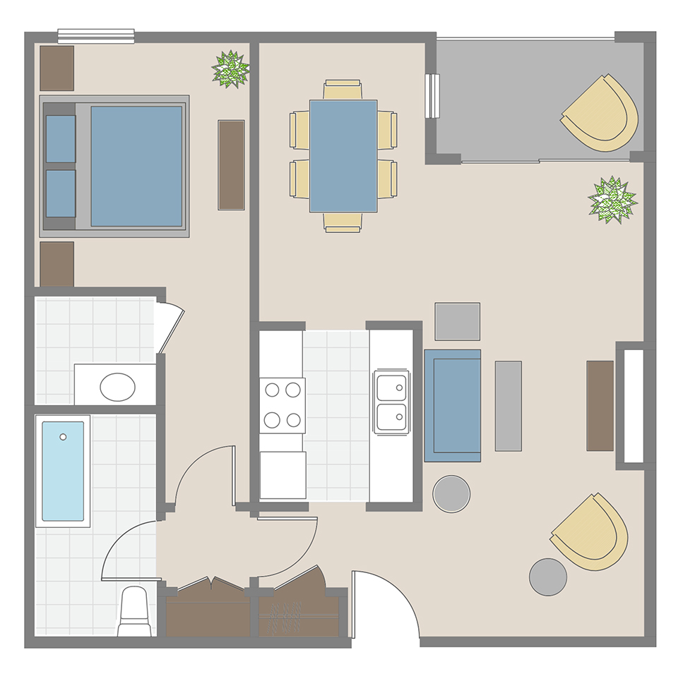 1 Bedroom / 1 Bath apartment floor plan in Brentwood