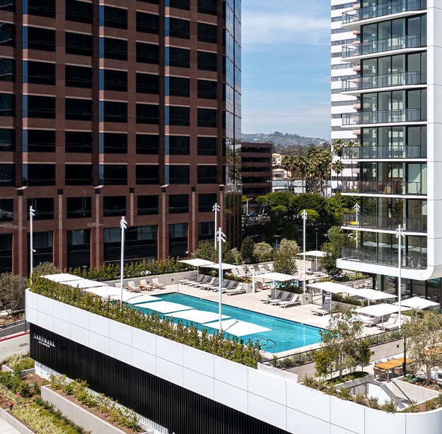 Pool in front of office building