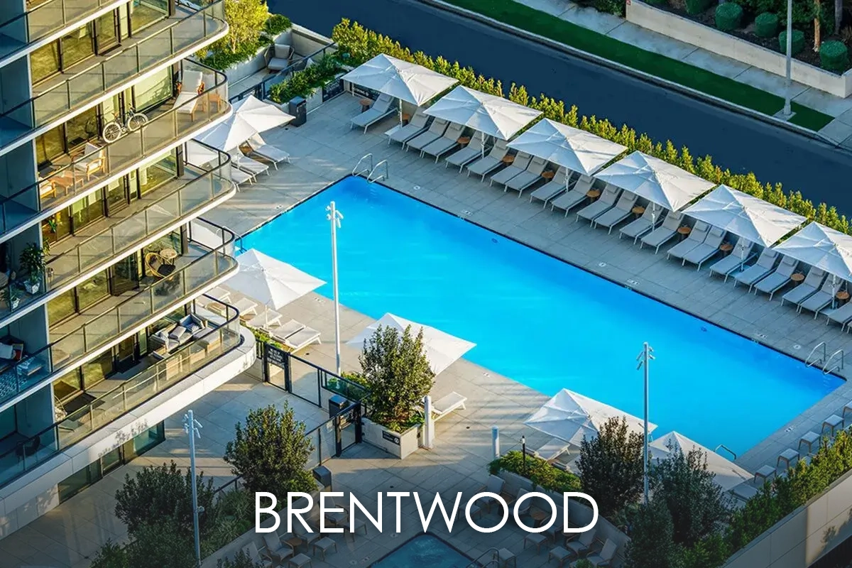 Pool at The Landmark Los Angeles aerial view Text says Brentwood